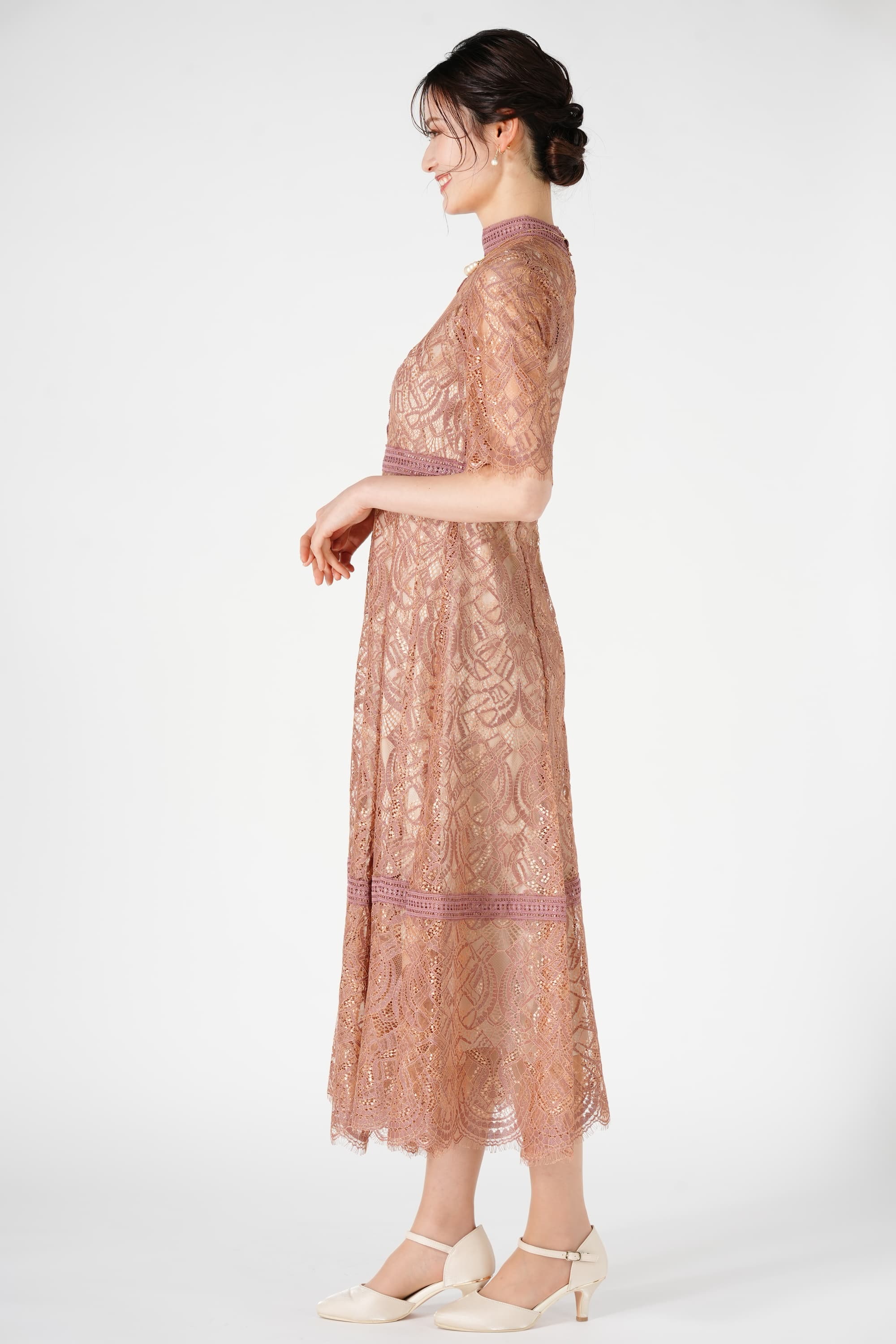 Dorry Doll ハシゴレース切り替えスモークピンクドレス (S) をレンタル 結婚式パーティーのドレスレンタルはおしゃれコンシャス