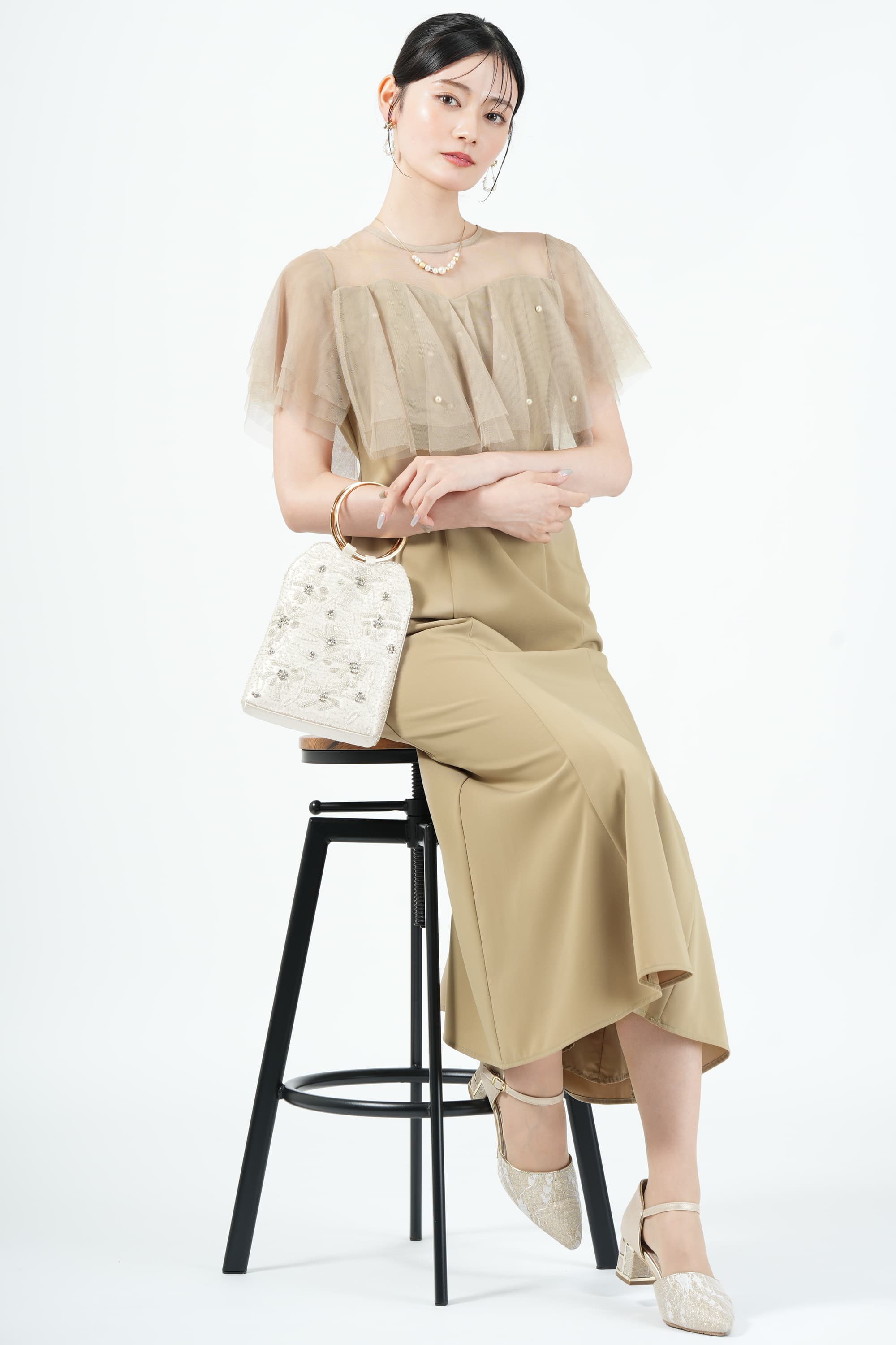 Dorry Doll パールラッフルイエローベージュドレス (M) をレンタル 結婚式パーティーのドレスレンタルはおしゃれコンシャス