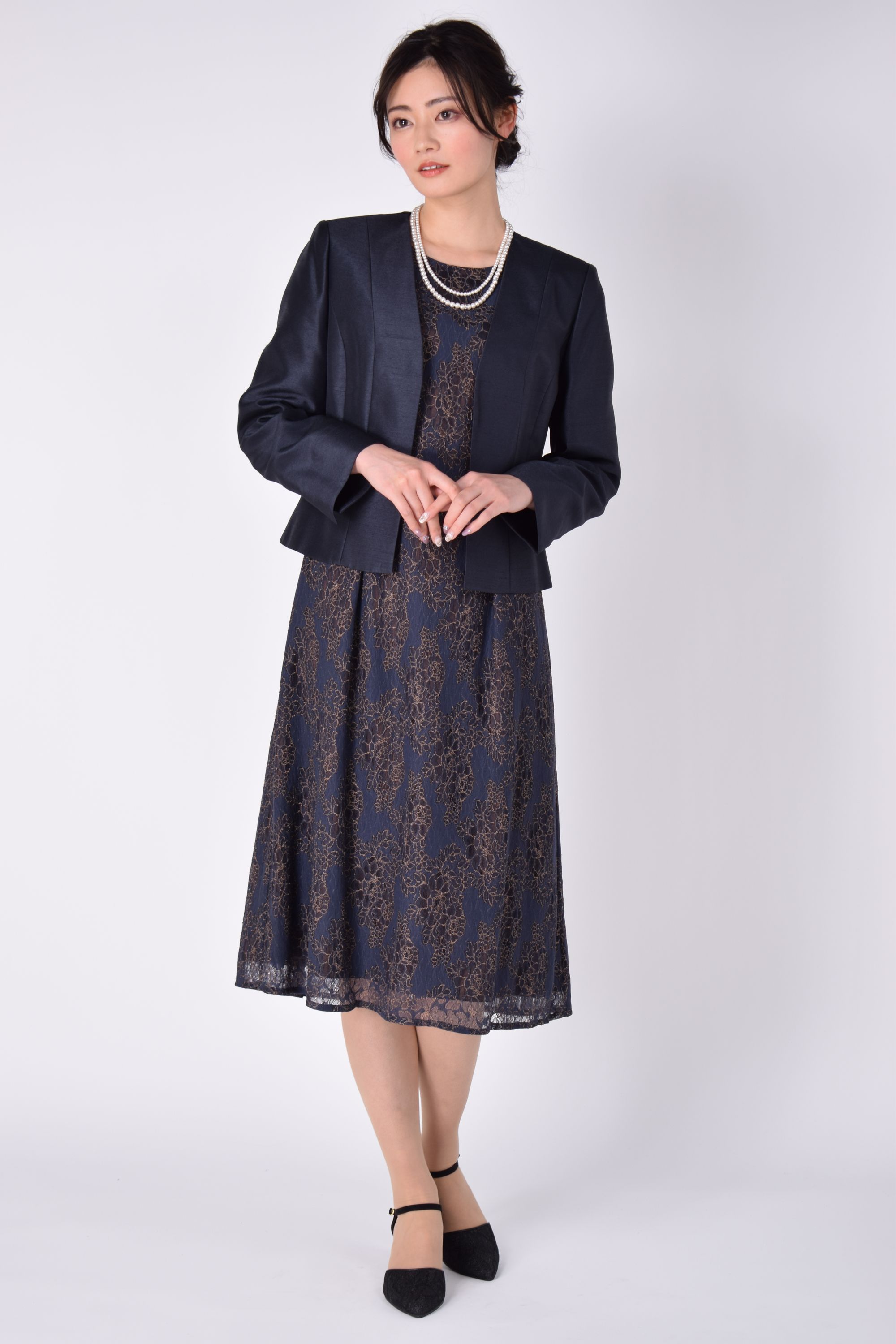 RIFANNE 東京ソワール ネイビー×ブラウンフォーマルドレスセット (L〜LL) をレンタル 結婚式パーティーのドレスレンタルは