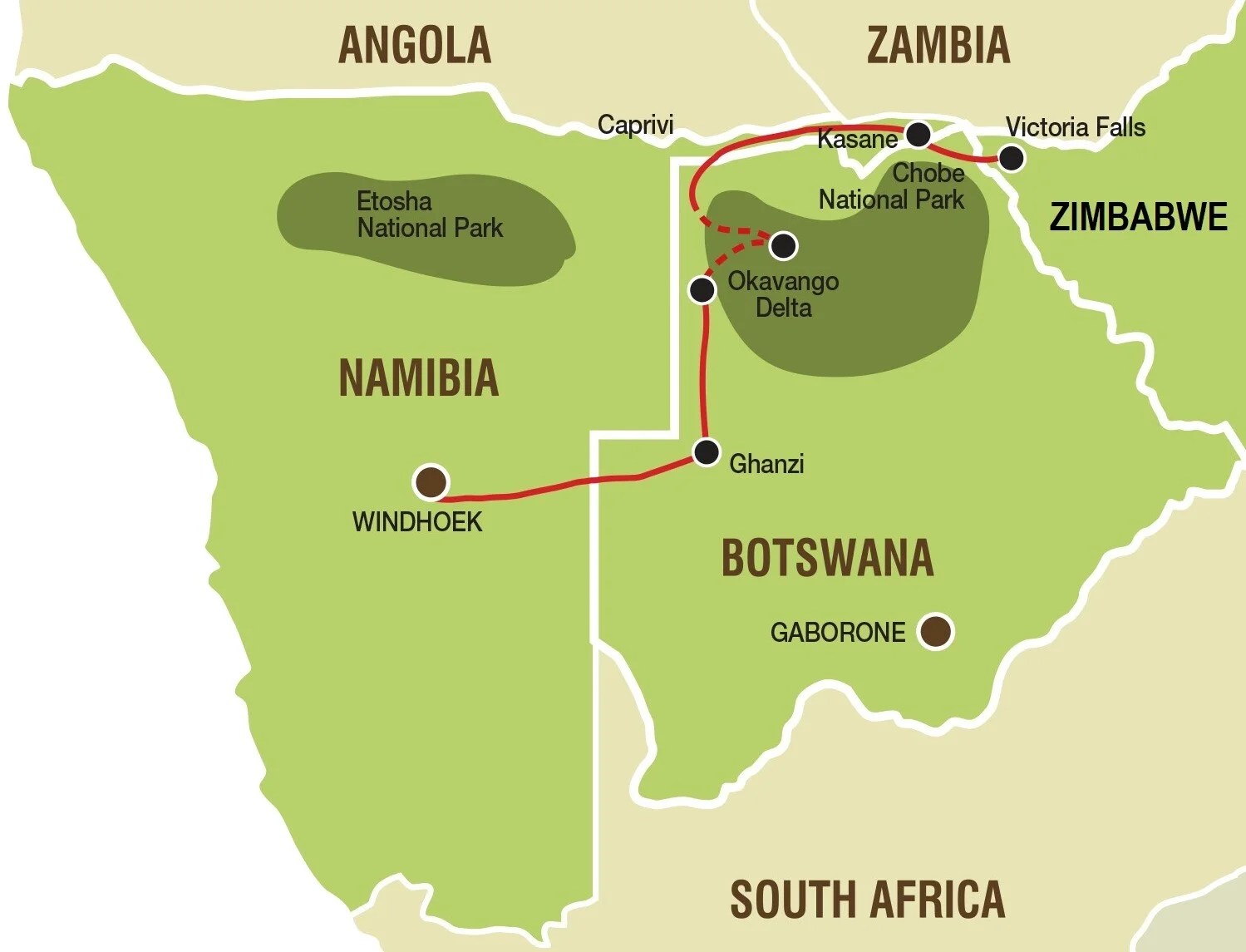 Map Of Botswana Border Posts Hoogtepunten van Botswana en Namibië / Botswana / Self Drive Safaris