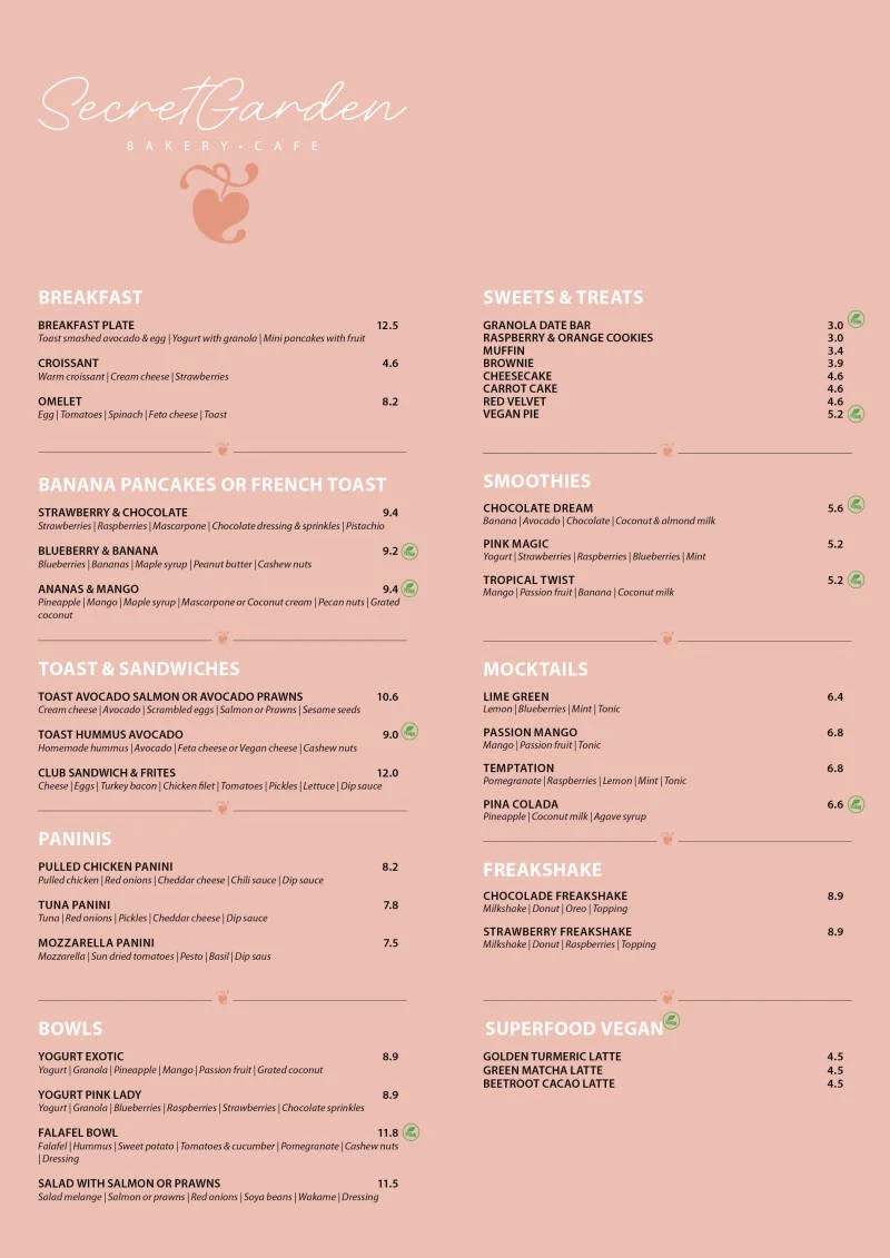 Menu Secret Garden Bakery