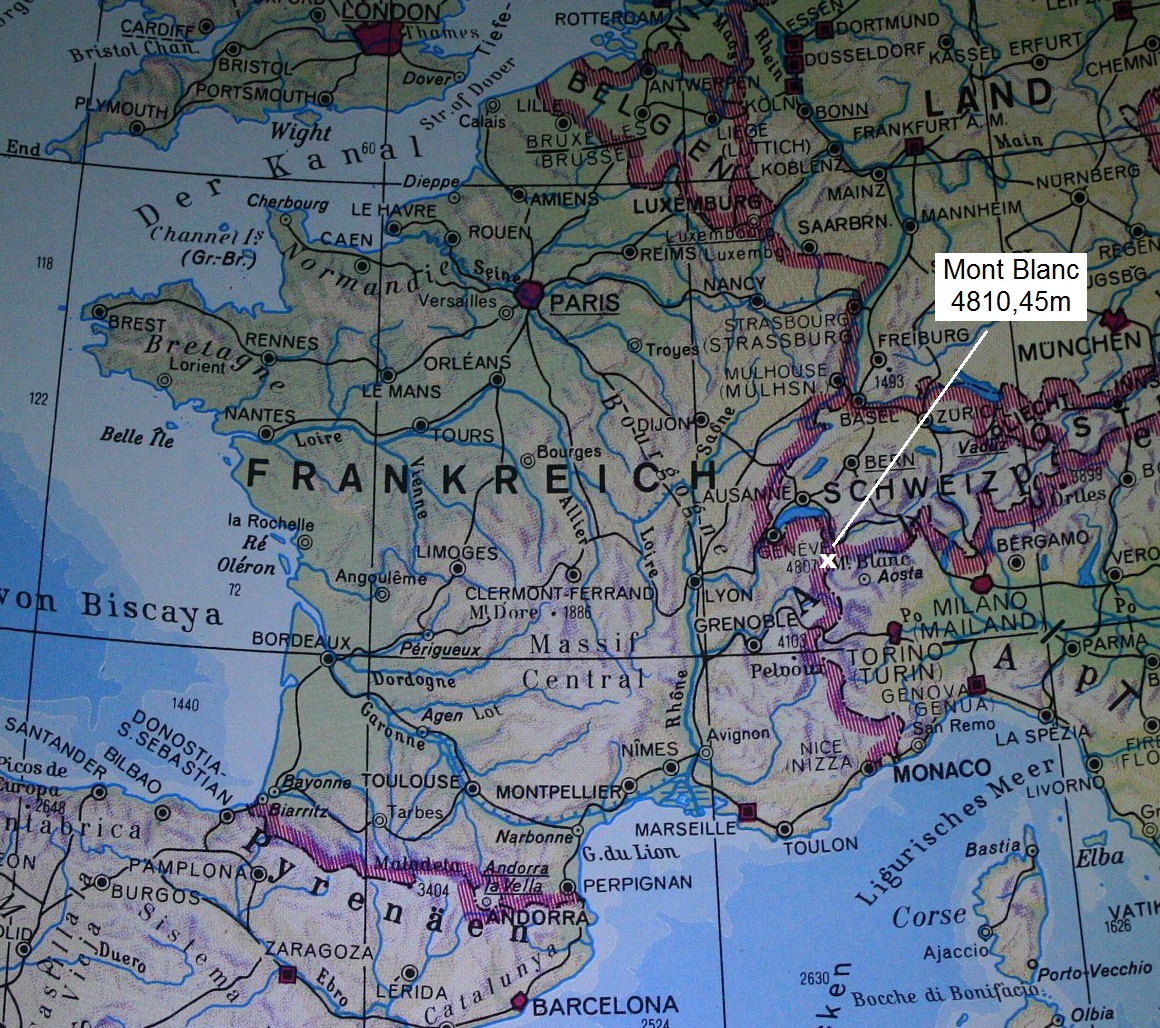 Karte mit der Lage Mont Blanc (4810,45m) in Frankreich....