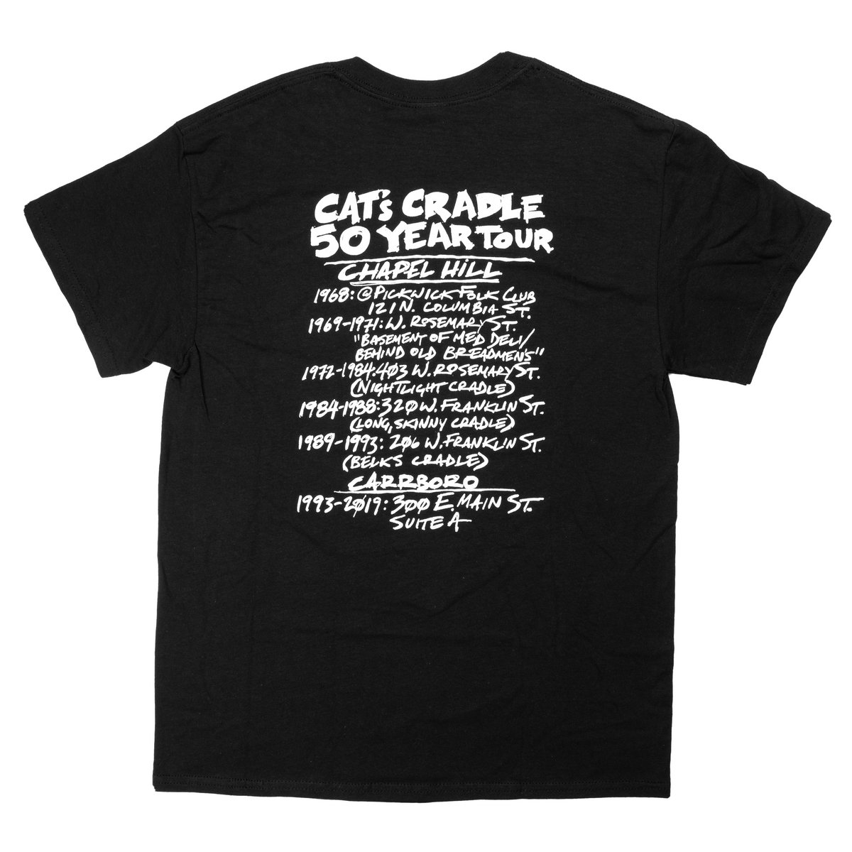 Black Cat's Cradle 50th Anniversary TShirt (w/ club locations on back