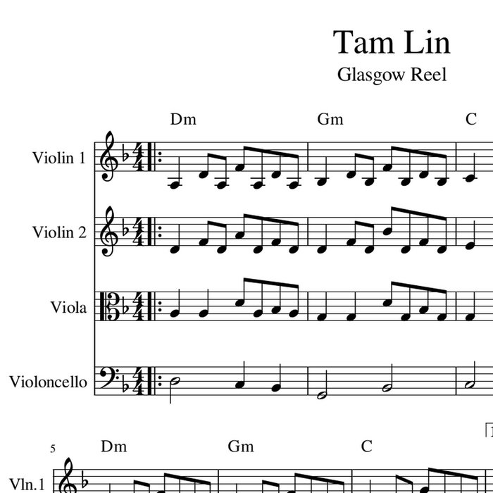 Tam Lin / Glasgow Reel harmony folk fiddle arrangement sheet music