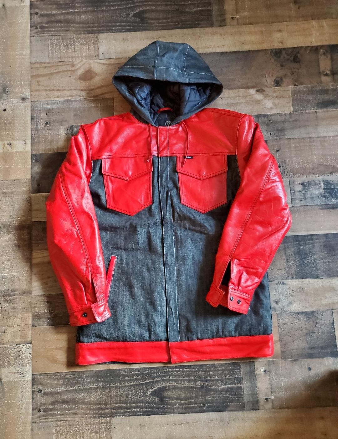 Red Leather With Black Denim Hooded Jacket Faa Daa