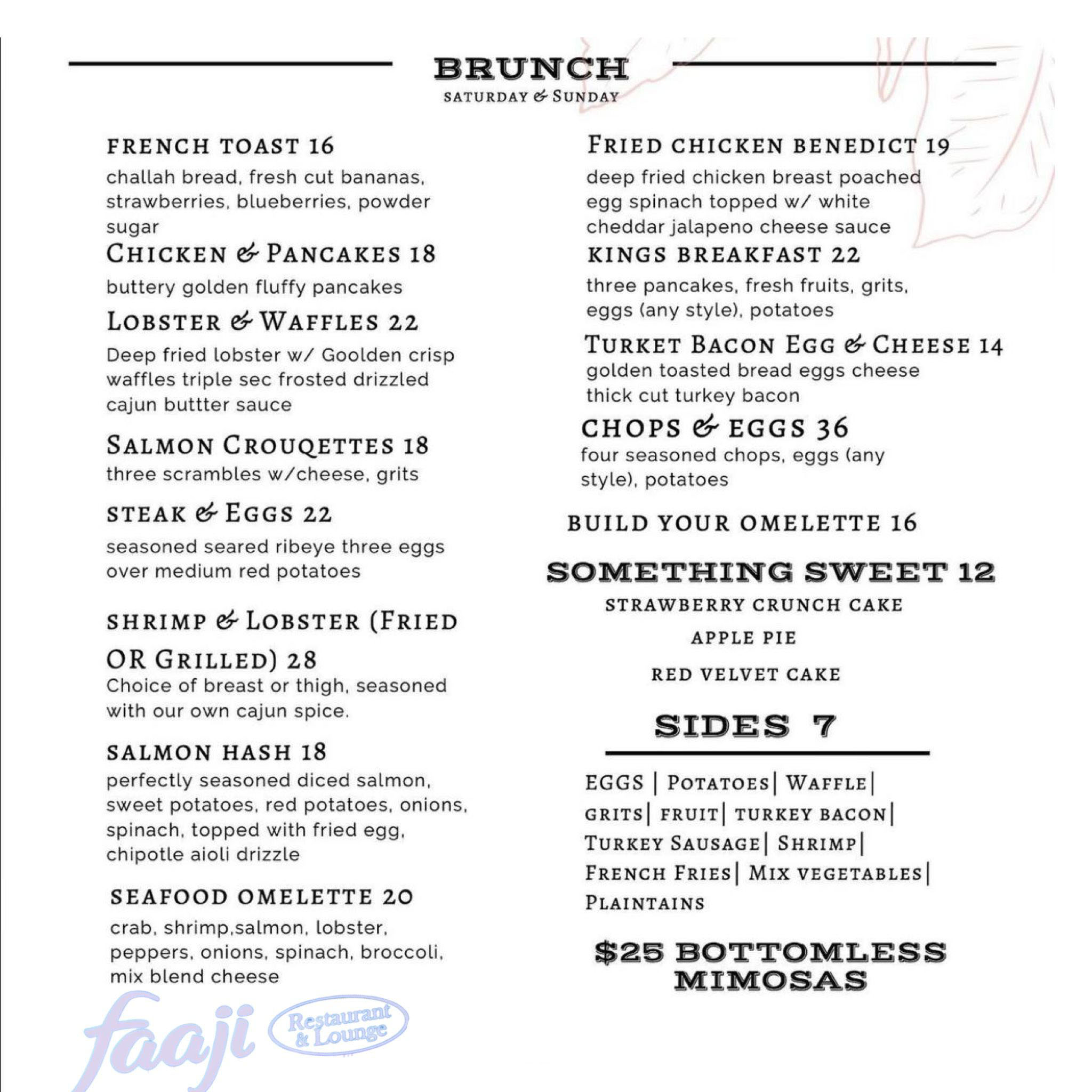 Brunch Menu Faaji Restaurant & Lounge