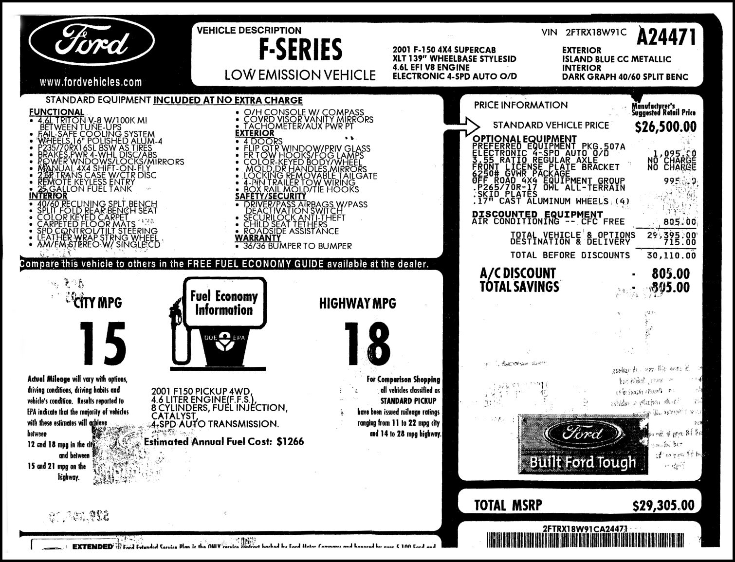 Original Vehicle Description from Ford