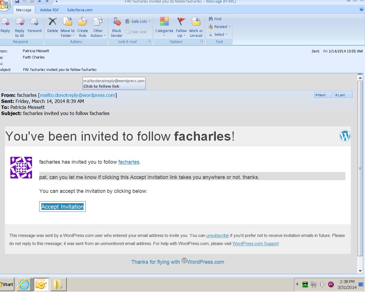 Accept Invitation button doesn't work in Outlook 2007 (invite new user