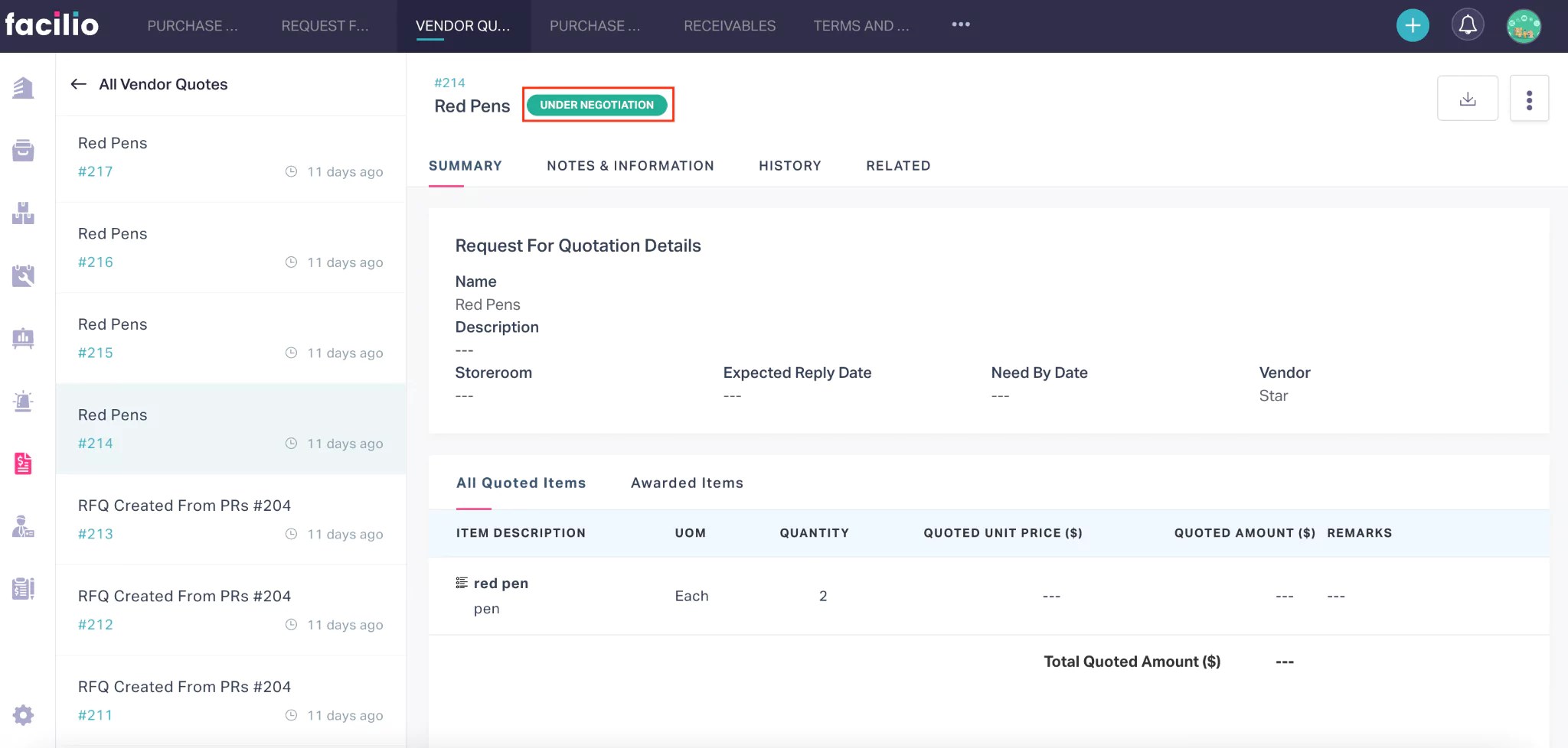 Processing Vendor Quotes Facilio Documentation