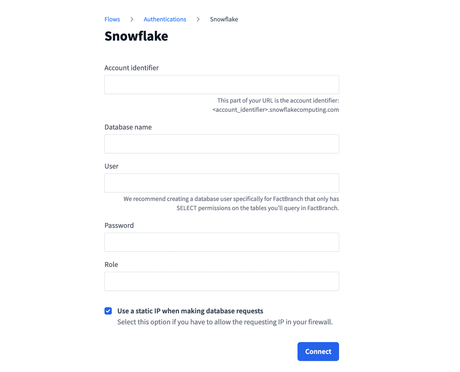 How to connect to your Snowflake instance FactBranch