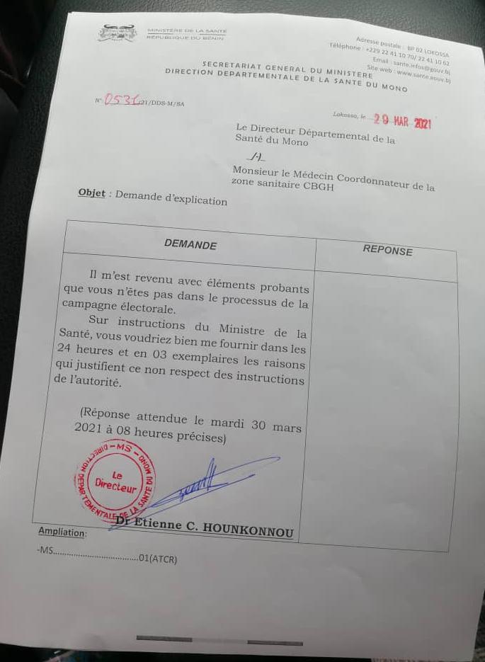 Présume note de demande d'explication du Dds/ Le médecin