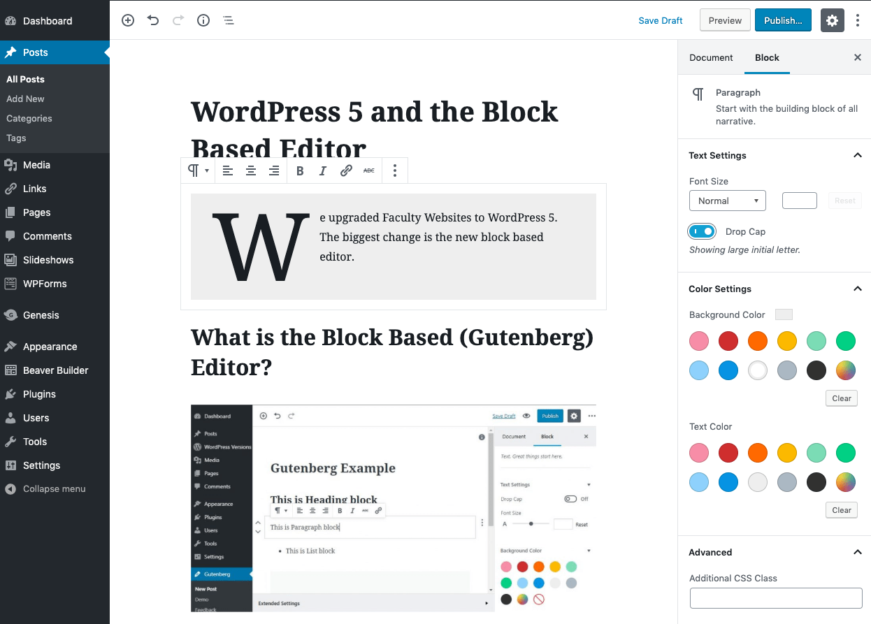 WordPress 5 and the Block Based Editor Faculty sites