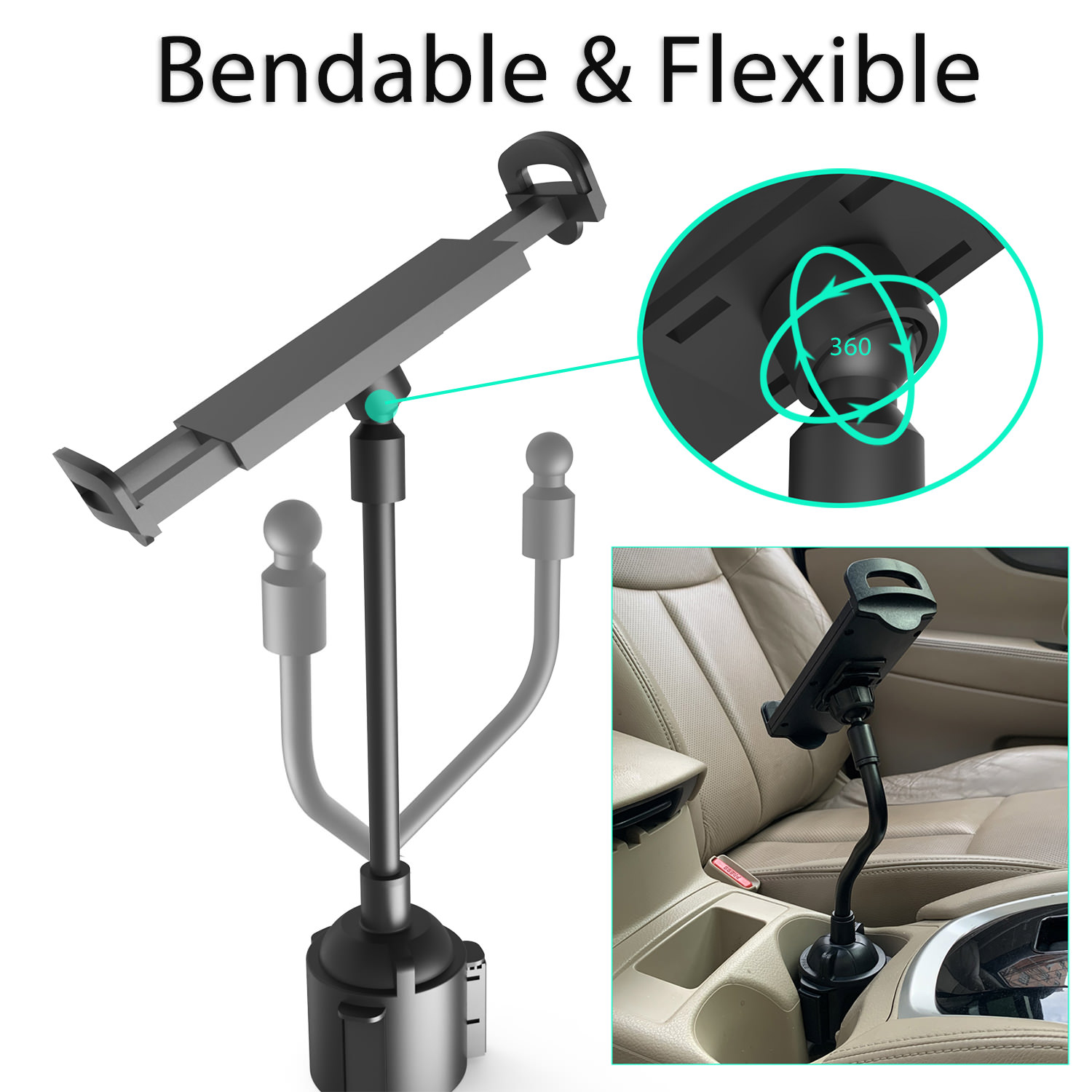 Flexible Cup Holder Tablet Mount for Car Truck, Gooseneck Adjustable