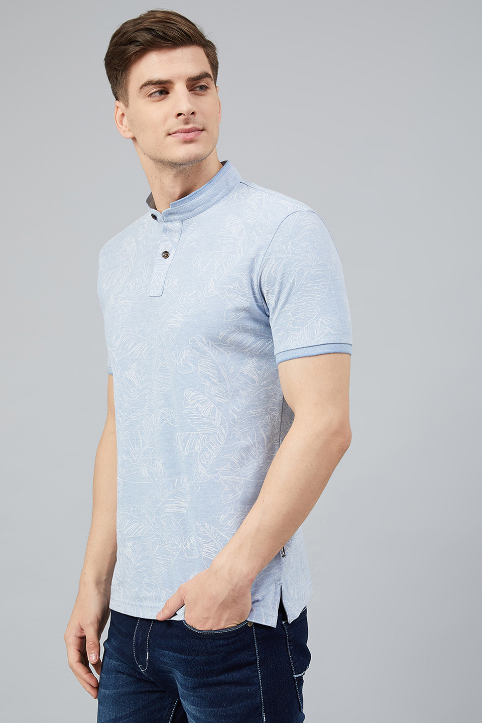 Palm Leaf Print StandUp Collar Polo Shirt Fahrenheit