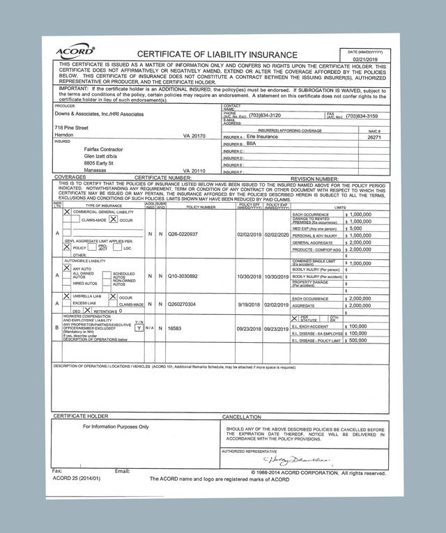 Fairfax Contractor License And Insurance Certificates