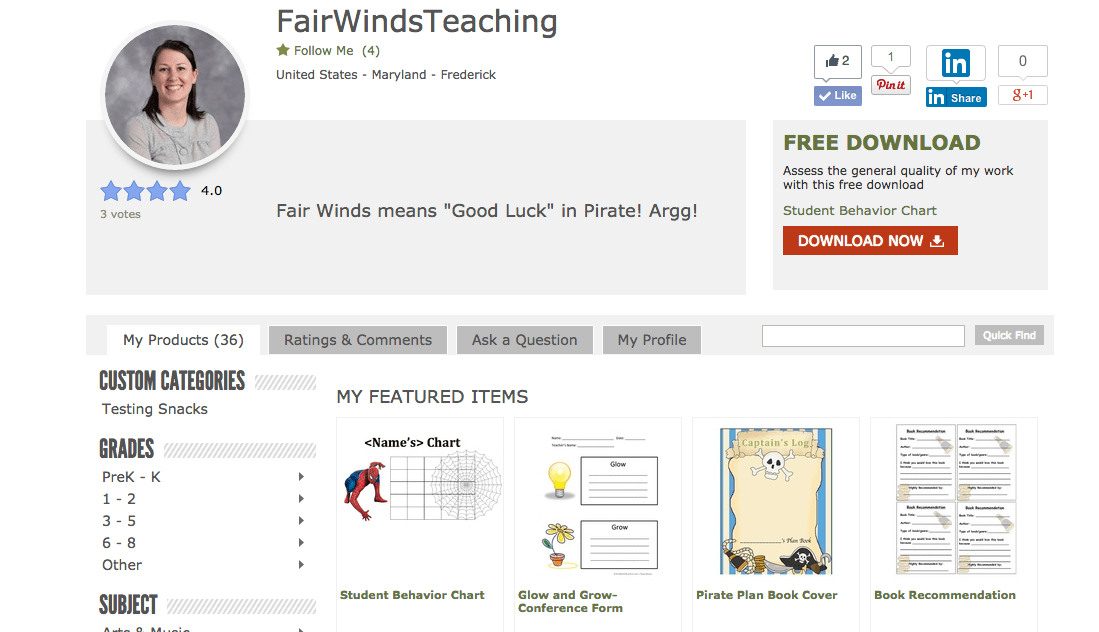 Teachers Pay Teachers site Fair Winds Teaching