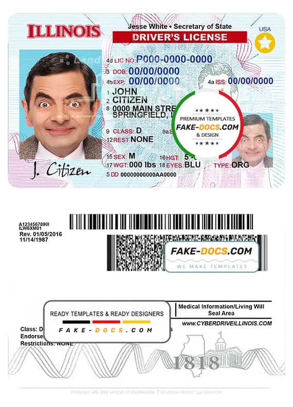 Illinois driver license Psd Template Fake Docs