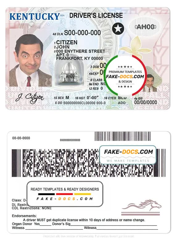 Kentucky driver license Psd Template Fake Docs