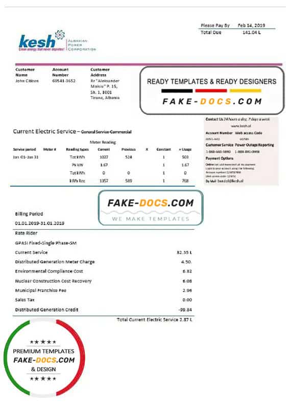 Albania Albanian Power Corporation utility bill template in Word and