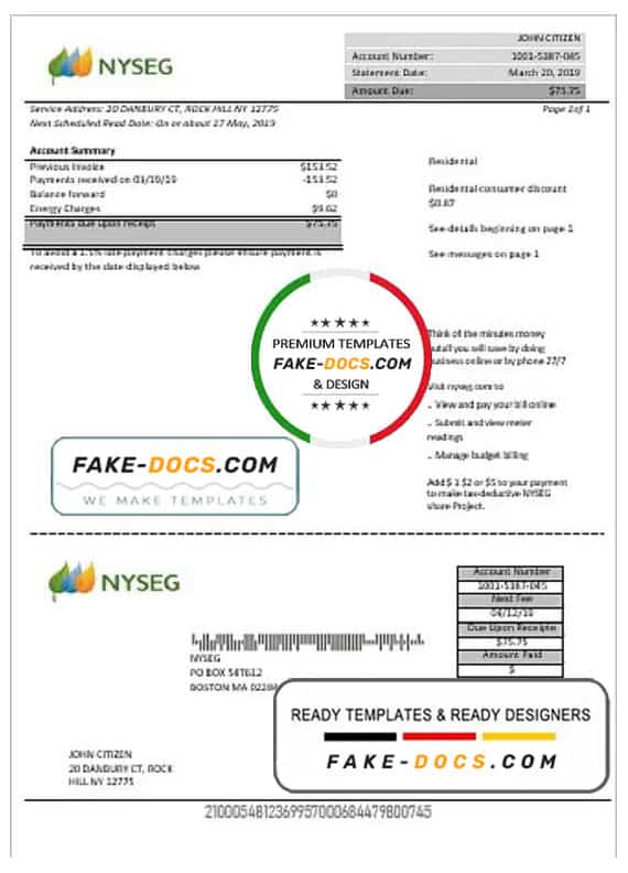 USA Massachusetts Boston NYSEG electricity utility bill template in
