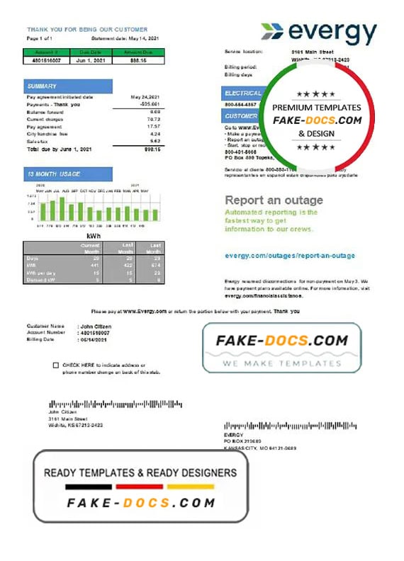 USA Missouri Evergy electricity utility bill template in .doc and .pdf