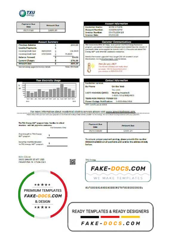 USA Texas TXU Energy utility bill template in Word and PDF format
