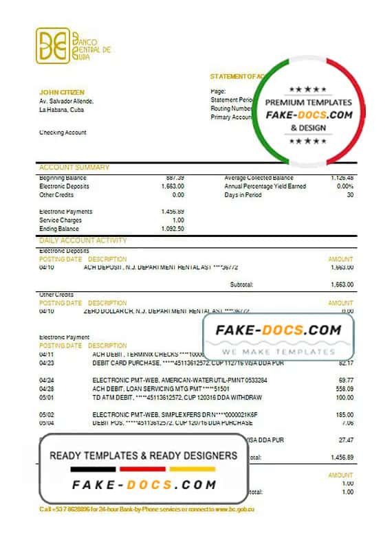 Cuba Banco Central de Cuba bank proof of address statement template in