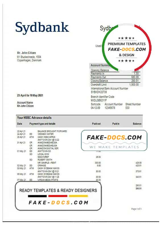 Denmark Sydbank bank statement template in Word and PDF format Fake Docs