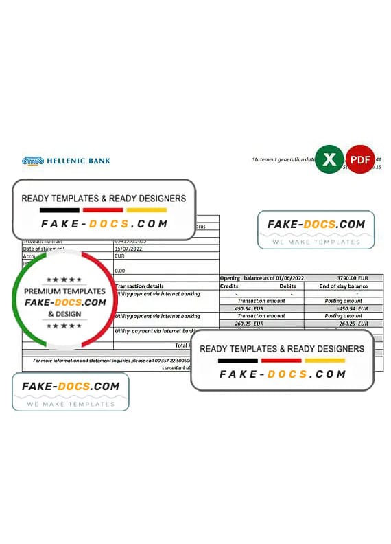 Cyprus Hellenic bank statement Excel and PDF template Fake Docs