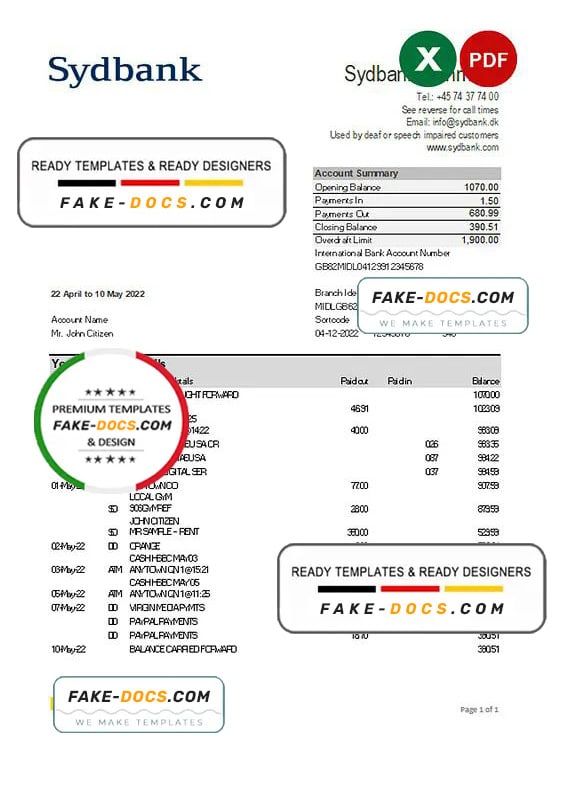 Denmark Sydbank statement Excel and PDF template Fake Docs
