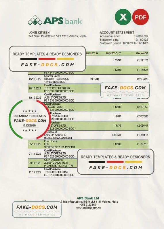 Malta APS bank statement Excel and PDF template Fake Docs
