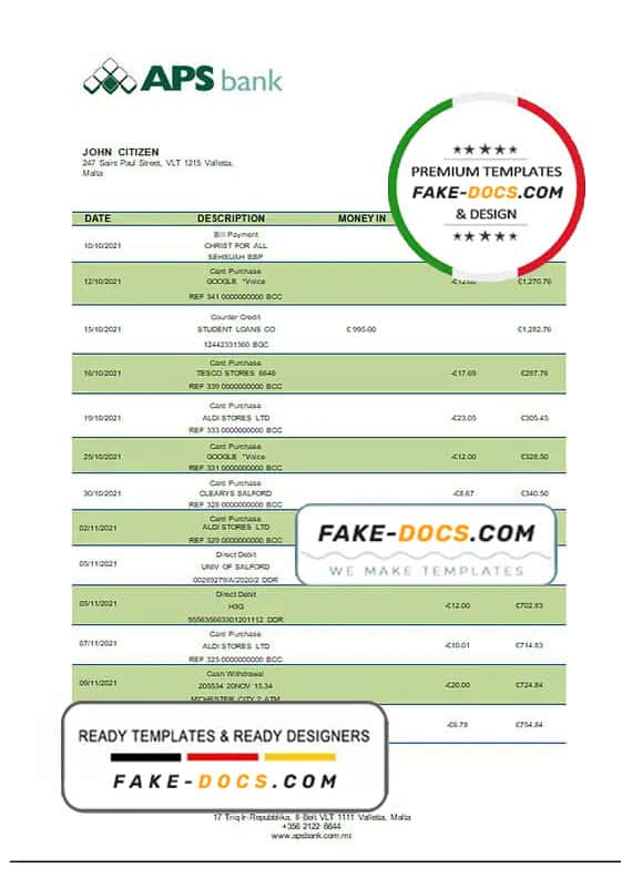 Malta APS bank statement template in Word and PDF format Fake Docs