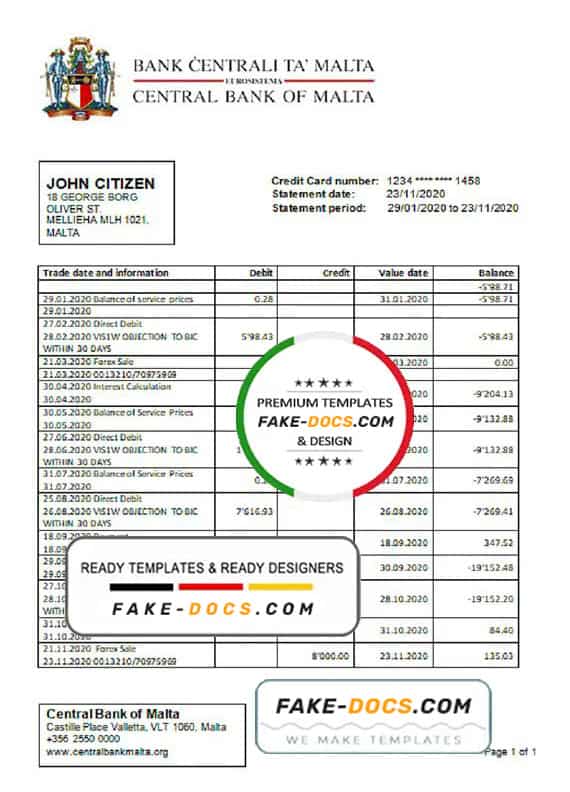 Malta Central Bank of Malta bank statement template in Word and PDF
