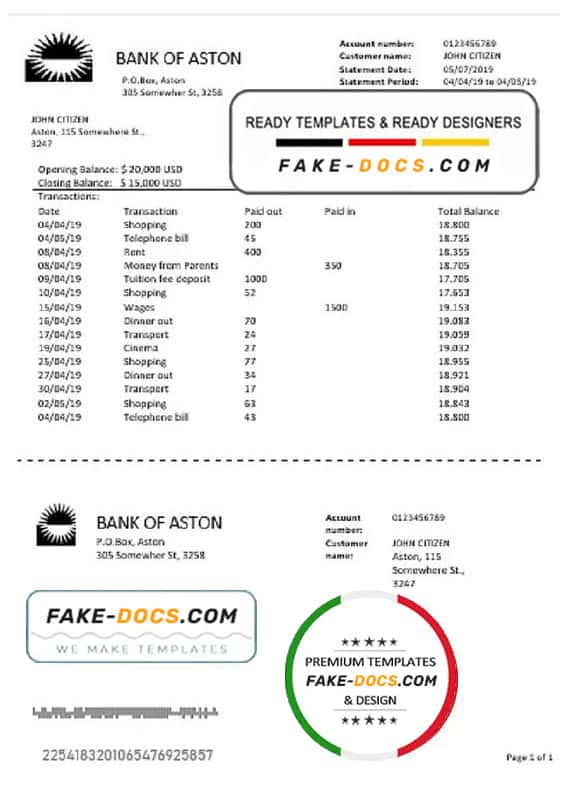United Kingdom Bank of Aston bank statement template in Word and PDF