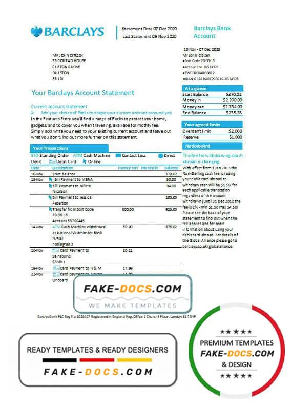United Kingdom Barclays bank account statement template in Word and PDF format, version 1 Fake