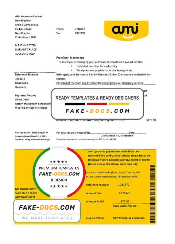 New Zealand AMI proof of address bank statement template, fully