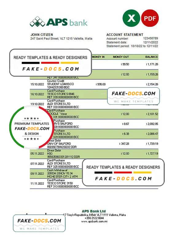 Malta APS bank statement Excel and PDF template Fake Docs