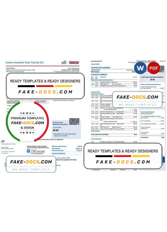USA Costco Anywhere Visa Card by Citi bank statement, Word and PDF
