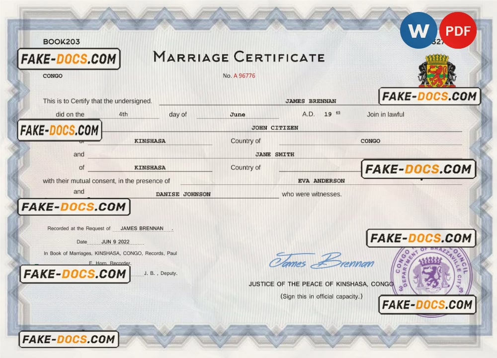 Congo marriage certificate Word and PDF template, fully editable Fake