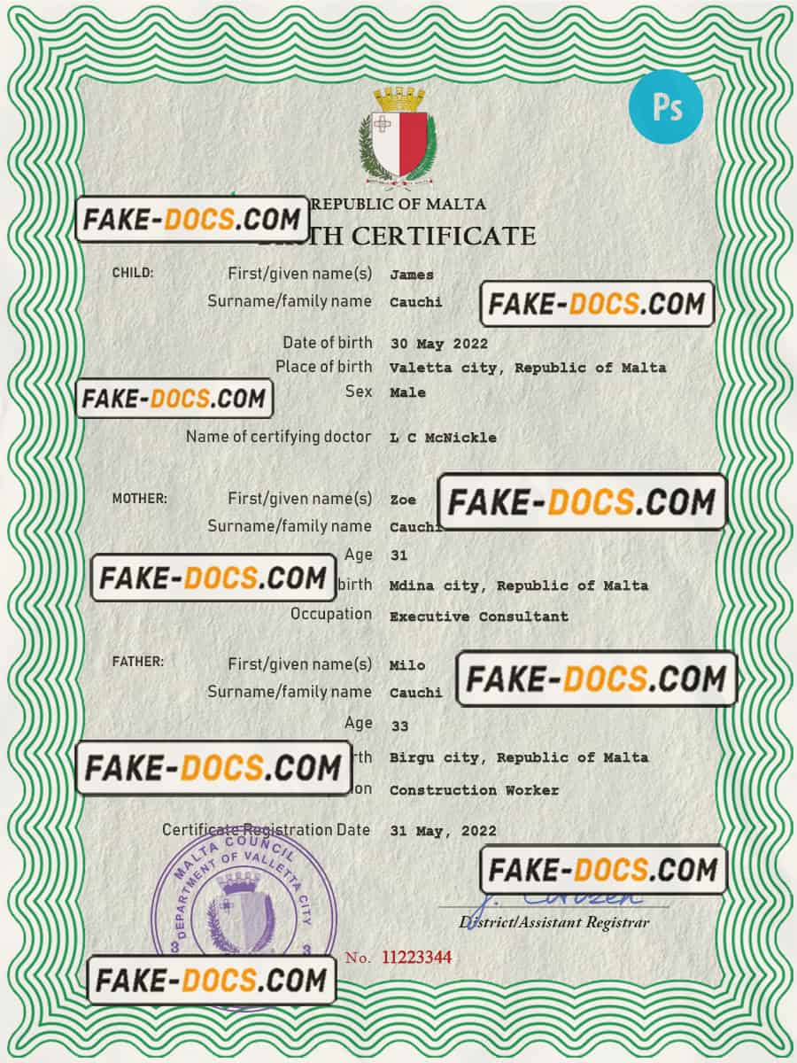 Malta vital record birth certificate PSD template Fake Docs