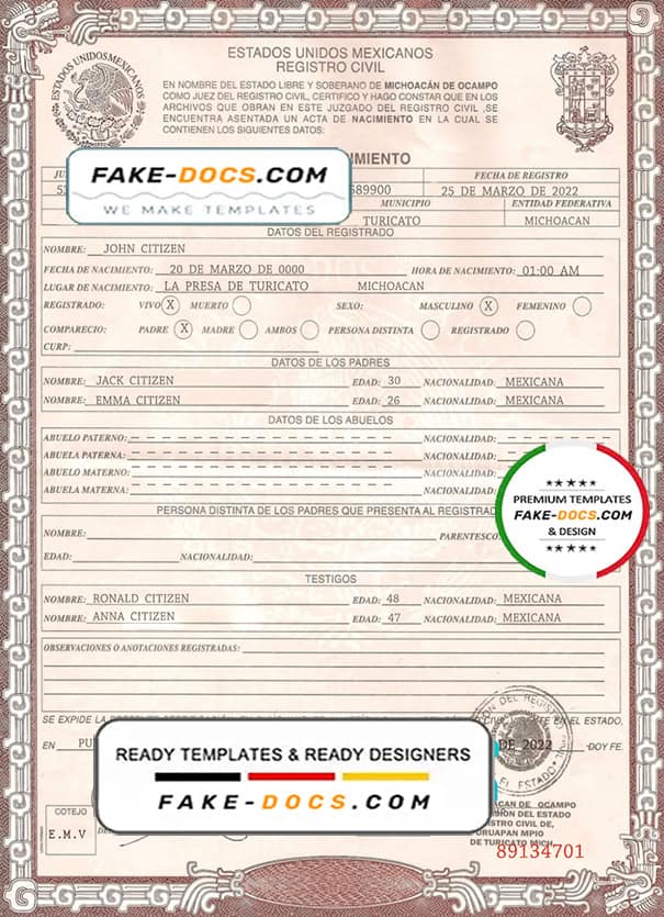 Mexico birth certificate template in PSD format, fully editable Fake Docs