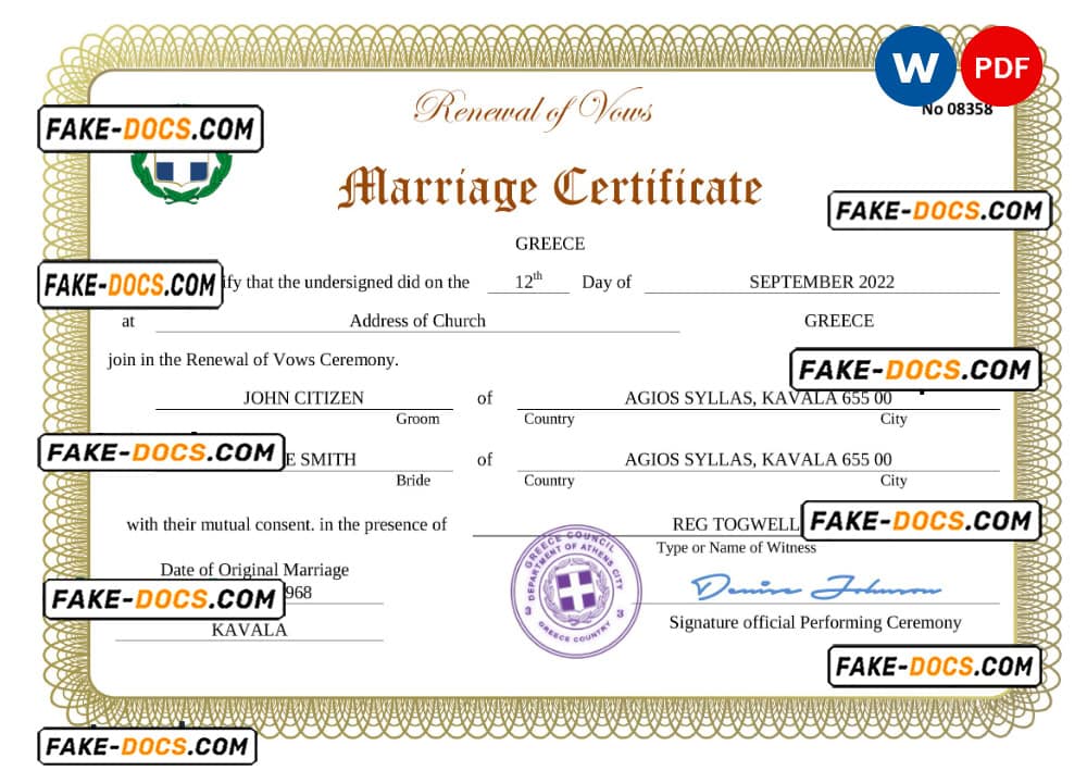 Greece marriage certificate Word and PDF template, completely editable