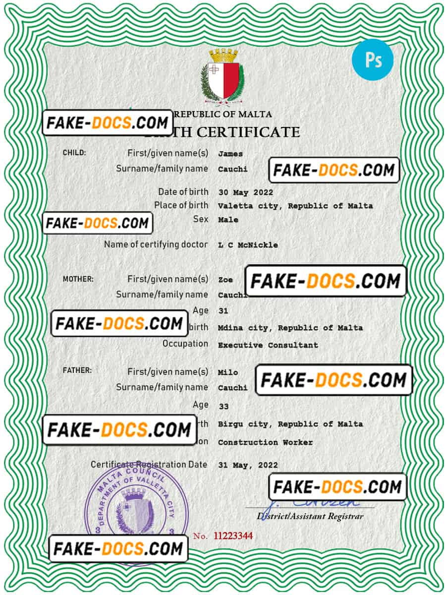 Malta vital record birth certificate PSD template Fake Docs