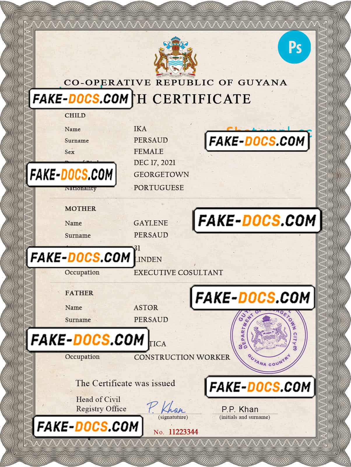 Guyana vital record birth certificate PSD template, fully editable