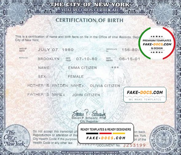 USA New York state birth certificate template in PSD format, fully