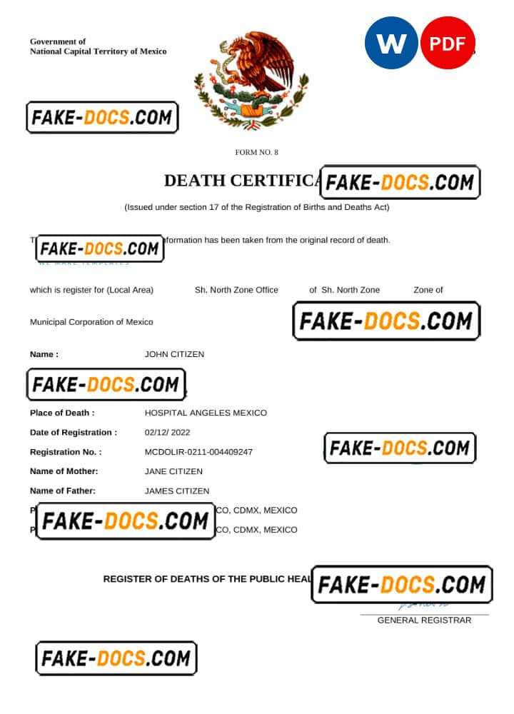 Mexico vital record death certificate Word and PDF template Fake Docs