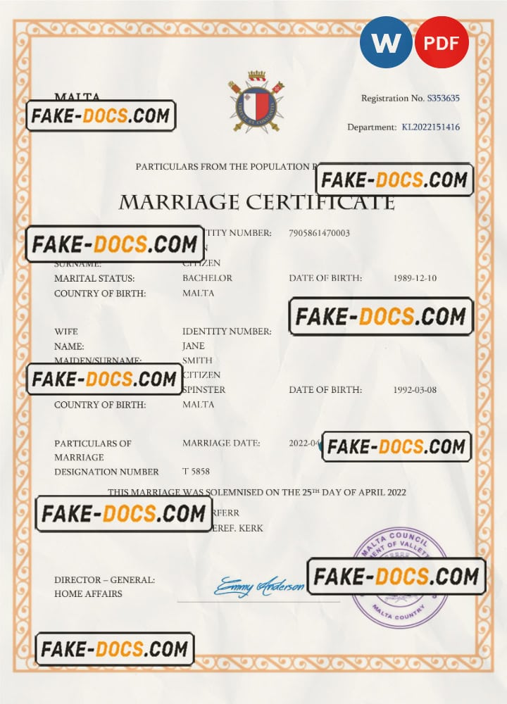 Malta marriage certificate Word and PDF template, completely editable