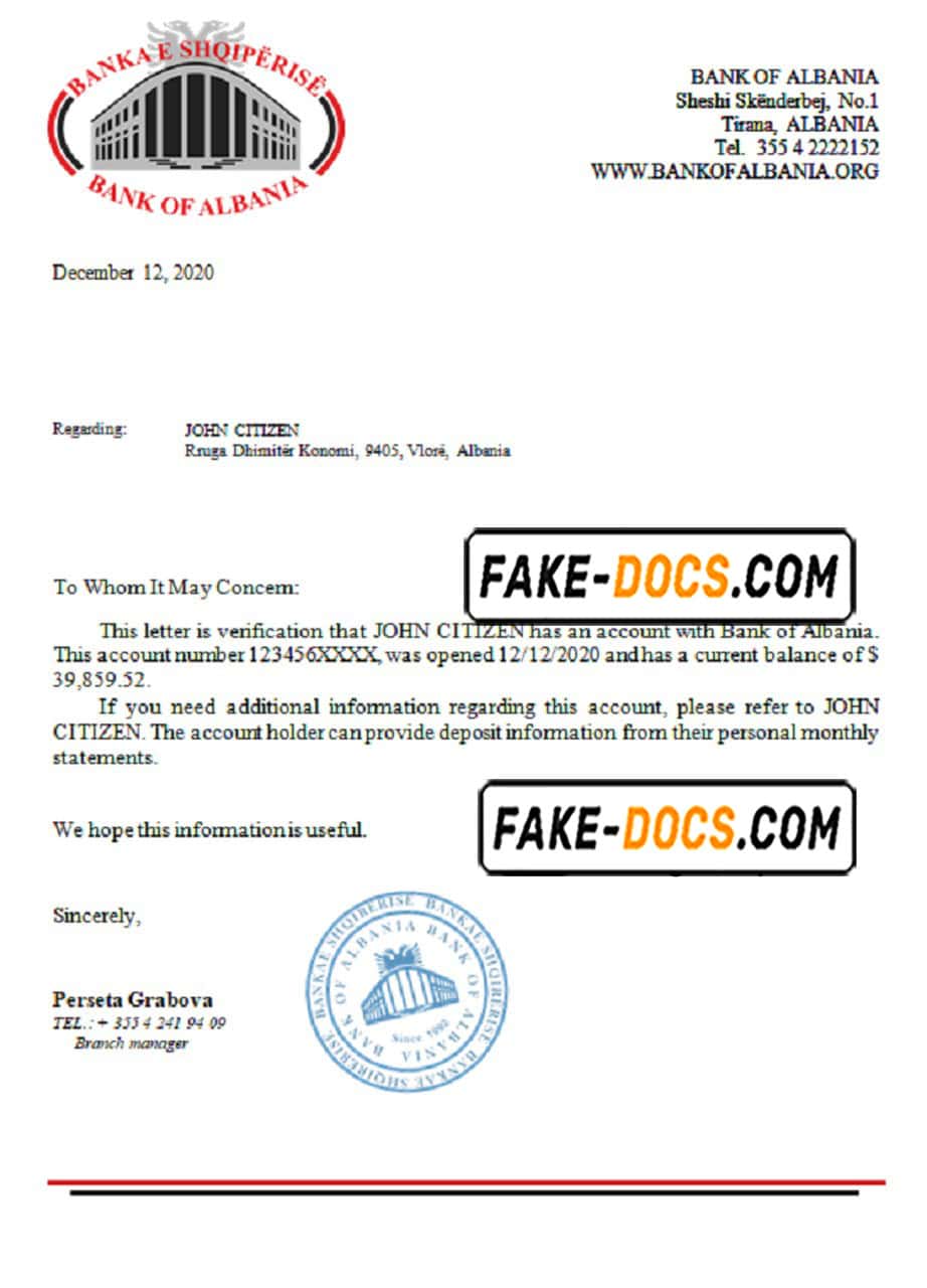 Albania Bank of Albania bank reference letter template in Word and PDF format Fake Docs