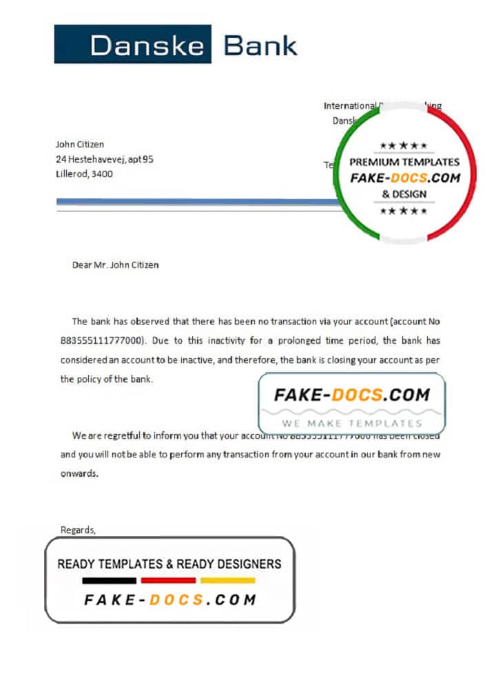Denmark Danskebank bank account closure reference letter template in