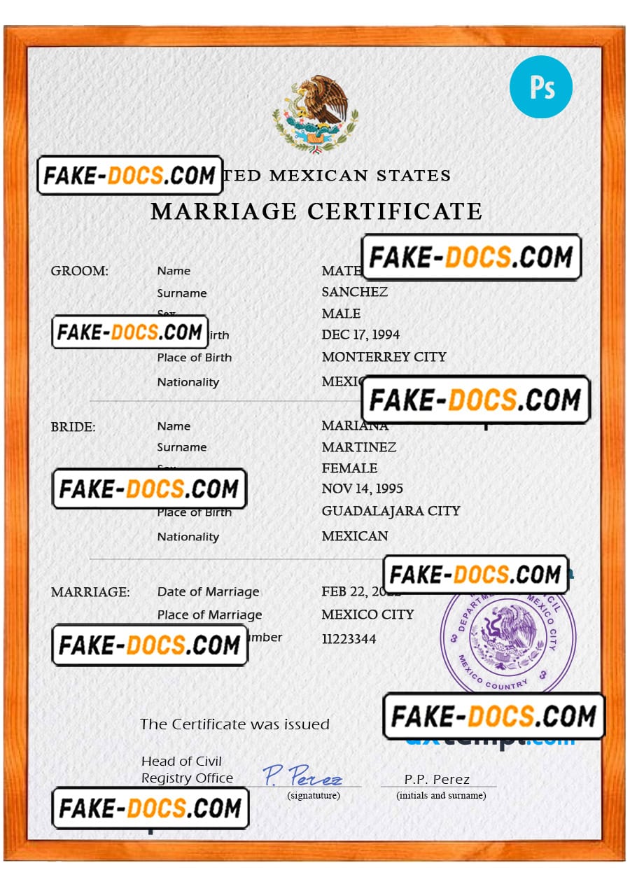 Mexico marriage certificate PSD template, fully editable Fake Docs